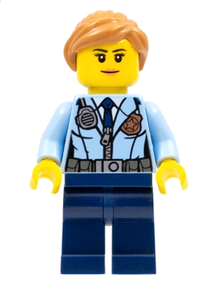 Police - City Officer Female, Jacket with Dark Blue Tie, Radio and Gold Badge, Dark Blue Legs, Medium Nougat Ponytail and Swept Sideways Fringe
Komplett i god stand.