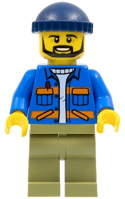 Blue Jacket with Pockets and Orange Stripes, Blue Legs, Red Construction Helmet, Black Angular Beard
komplett i god stand.