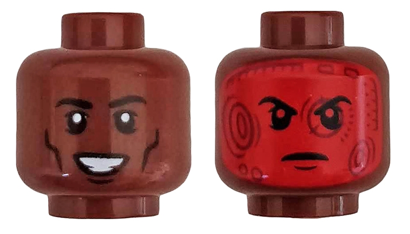Minifigure, Head Dual Sided Black Eyebrows, Eyelids, Cheek Lines, Chin Dimple, Open Mouth Smile with Teeth / Angry Frown with Red Head-Up Display (HUD) Pattern
I god stand.