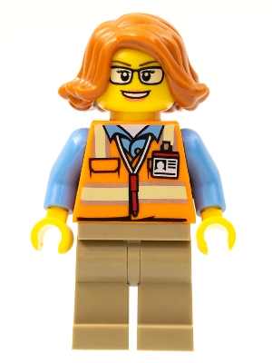 Cargo Office Worker - Orange Safety Vest with Reflective Stripes, Dark Tan Legs, Dark Orange Female Hair Short Swept Sideways, Glasses
Komplett i god stand.