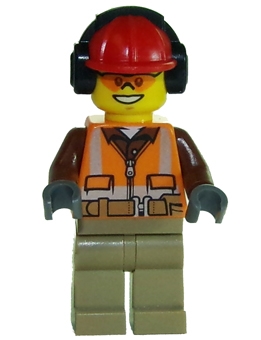 Construction Worker - Male, Orange Safety Vest, Reflective Stripes, Reddish Brown Shirt, Dark Tan Legs, Red Construction Helmet with Black Ear Protectors / Headphones, Safety Glasses
Komplett i god stand.