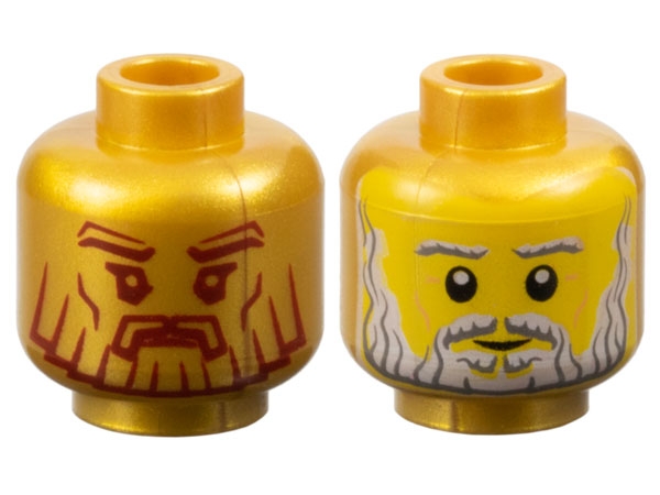 Minifigure, Head Dual Sided Stylized Face with Dark Red Eyebrows, Eyes, Moustache, and Beard / Yellow Face with Black Eyes and Grin Pattern
I god stand.