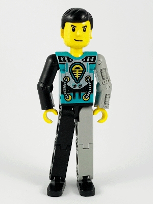 Technic Figure Black/Light Gray Legs, Dark Turquoise Torso with Yellow, Black, Silver Pattern, Light Gray Mechanical Left Arm
Komplett i god stand.