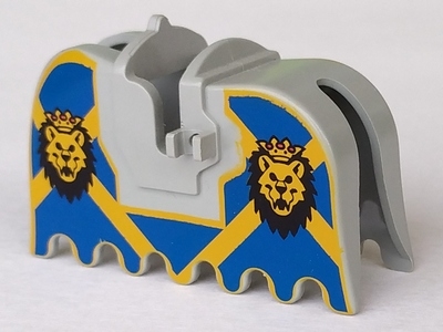 Horse Barding, Ruffled Edge with Lion Heads with Crowns on Blue and Yellow Background Pattern
I god stand.