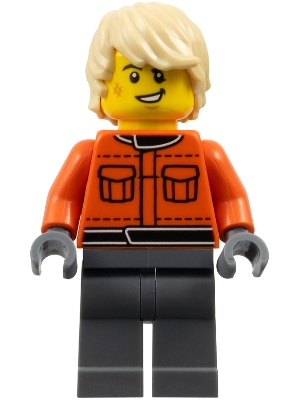 Formula 1 Race Crew Member - Male, Reddish Orange Racing Suit with Pockets, Dark Bluish Gray Legs, Tan Tousled Hair, Scuff Mark
Komplett i god stand.