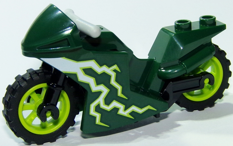 Motorcycle Sport Bike with Black Frame, Lime Wheels and Light Bluish Gray Handlebars with White Lightning Pattern
I god stand.
