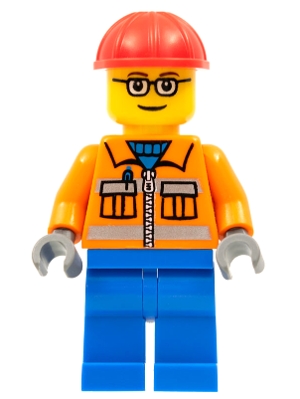 Construction Worker - Orange Zipper, Safety Stripes, Orange Arms, Blue Legs, Red Construction Helmet, Brown Eyebrows, Glasses
Komplett i god stand.