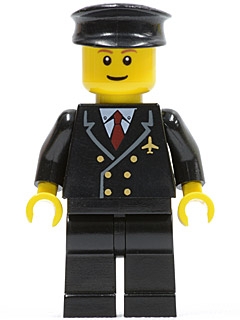 Airport - Pilot with Red Tie and 6 Buttons, Black Legs, Black Hat, Brown Eyebrows, Thin Grin
Komplett i god stand.
