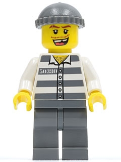 Police - Jail Prisoner 50380 Prison Stripes, Dark Bluish Gray Legs, Dark Bluish Gray Knit Cap, Missing Tooth
Komplett i god stand.