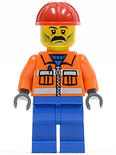 Construction Worker - Orange Zipper, Safety Stripes, Orange Arms, Blue Legs, Red Construction Helmet, Stubble
Komplett i god stand.