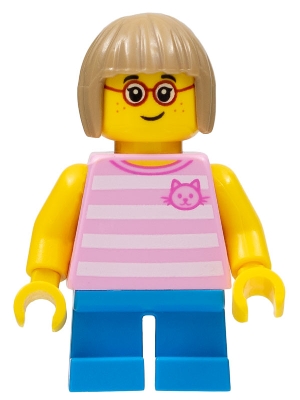 Child - Girl, Bright Pink Striped Shirt with Cat Head, Dark Azure Short Legs, Dark Tan Bob Cut Hair, Glasses, Freckles
Komplett i god stand.