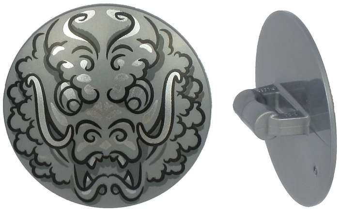 Minifigure, Shield Circular / Round Convex Face with Black and Silver Ninjago Dragon Head Pattern
I god stand.