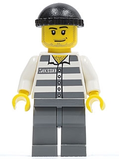 Police - Jail Prisoner 50380 Prison Stripes, Dark Bluish Gray Legs, Black Knit Cap, Smirk and Stubble Beard
Komplett i god stand.