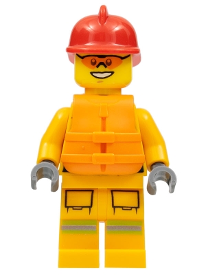 Fire - Reflective Stripes, Bright Light Orange Suit, Life Jacket, Red Fire Helmet
Komplett i god stand.