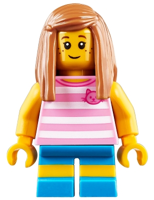 Child - Girl, Bright Pink Striped Shirt with Cat Head, Dark Azure Short Legs with Molded Yellow Stripes, Medium Nougat Long Hair, Freckles
Komplett i god stand.