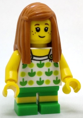 Child - Girl, White Halter Top with Green Apples and Lime Spots, Bright Green Short Legs with Molded Yellow Stripes, Dark Orange Long Hair, Freckles
Komplett i god stand.