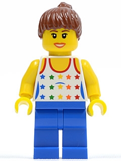 Shirt with Female Rainbow Stars Pattern, Blue Legs, Reddish Brown Ponytail Hair, Brown Eyebrows
Komplett i god stand.