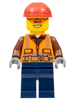 Construction Worker - Male, Orange Safety Vest, Reflective Stripes, Reddish Brown Shirt, Dark Blue Legs, Red Construction Helmet, Orange Safety Glasses
Komplett i god stand.
