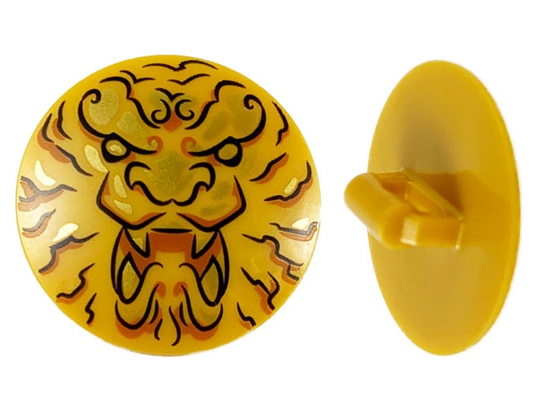Minifigure, Shield Circular / Round Convex Face with Black and Gold Ninjago Lion Head Pattern
I god stand.