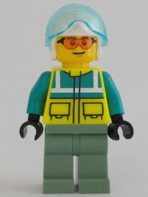 Rescue Helicopter Pilot - Male, Dark Turquoise and Neon Yellow Safety Vest, Sand Green Legs, White Helmet, Trans-Light Blue Visor, Safety Glasses
Komplett i god stand.