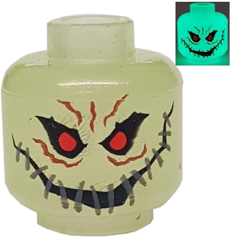 Minifigure, Head Alien with Red Eyes, Teeth and Wide Stitched Smile Pattern (Scarecrow)
I god stand. Små bruksmerker.