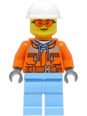 Construction Worker - Male, Orange Safety Jacket, Reflective Stripe, Sand Blue Hoodie, Bright Light Blue Legs, White Construction Helmet, Safety Glasses
Komplett i god stand.