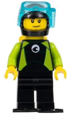 Diver - Male, Black Flippers and Wetsuit with White Logo, Yellow Scuba Tank
Komplett i god stand.