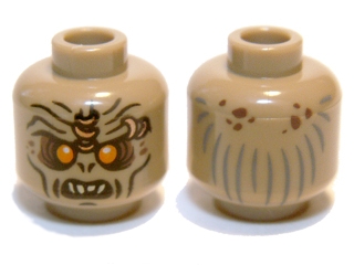 Minifigure, Head Alien Orc with Orange Eyes, Reddish Brown Eye Shadow and Spots, Nostrils, Black Cheek Lines and Chin Dimple, Furrowed Brow with Copper Rings, Open Mouth with Top Teeth, Dark Bluish Gray Hair Lines on Back Pattern
I god stand.