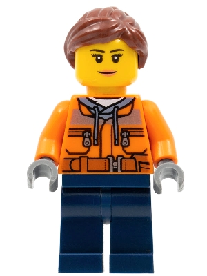 Cargo Center Worker - Female, Orange Safety Jacket, Reflective Stripe, Sand Blue Hoodie, Dark Blue Legs, Reddish Brown Hair, Peach Lips
Komplett i god stand.