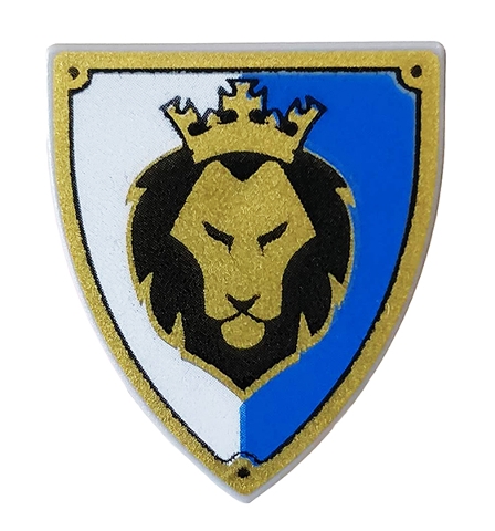 Minifigure, Shield Triangular Short with Black and Gold Lion Head with Crown on Blue and White Background Pattern
I god stand.
