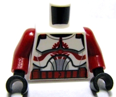 Torso SW Armor Clone Trooper with Dark Red Markings and Belt, with Solid Light Bluish Gray Semicircle above Belt Pattern / Dark Red Arms / Black Hands
I god stand.