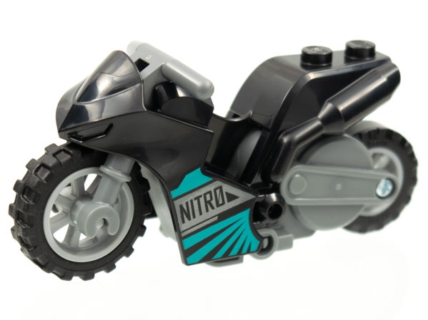 Stuntz Flywheel Motorcycle Sport Bike Tapered Front with Dark Bluish Gray Frame, Light Bluish Gray Wheels, and Dark Bluish Gray Handlebars with 'NITRO' and Dark Turquoise Trim Pattern
Komplett i god stand.