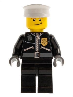 Police - City Leather Jacket with Gold Badge and 'POLICE' on Back, White Hat, Lopsided Smile
Komplett i god stand.