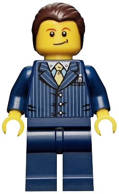 Businessman Pinstripe Jacket and Gold Tie, Dark Blue Legs, Dark Brown Hair, Crooked Smile
Komplett i god stand.