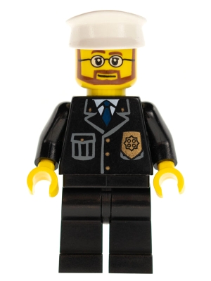 Police - City Suit with Blue Tie and Badge, Black Legs, White Hat, Beard and Glasses
Komplett i god stand.