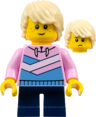 Child - Boy, Bright Pink Hoodie with Medium Blue and White Diagonal Stripes, Dark Blue Short Legs, Tan Tousled Hair, Freckles
Komplett i god stand.
