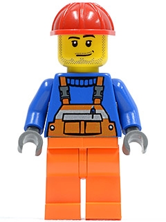 Overalls with Safety Stripe Orange, Orange Legs, Red Construction Helmet, Smirk and Stubble Beard
Komplett i god stand.