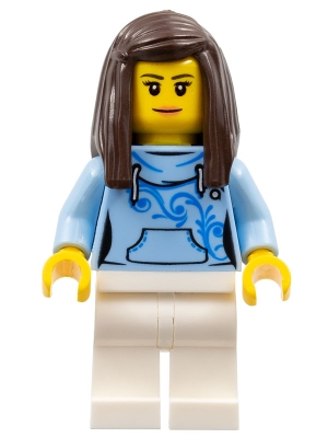 Pizza Van Customer Female, Bright Light Blue Hoodie with Swirl Flower Pattern, Dark Brown Hair
Komplett i god stand.