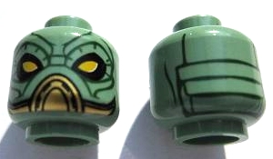 Minifigure, Head Alien SW Kyuzo with Large Yellow Eyes, Black Eye Shadow, Gold Mouth Cover, Dark Green Wrinkles and Lines on Back Pattern
I god stand.