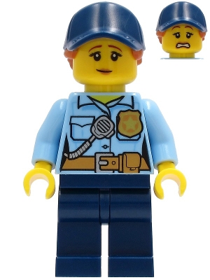 Police - City Officer Female, Bright Light Blue Shirt with Badge and Radio, Dark Blue Legs, Dark Blue Cap with Dark Orange Ponytail, Pensive Smile
Komplett i god stand.