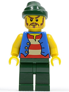 Pirate Blue Vest, Dark Green Legs, Dark Green Bandana, Long Brown Moustache
Komplett i god stand.