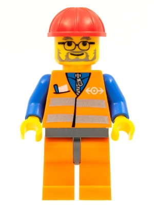 Orange Vest with Safety Stripes - Orange Legs and Dark Bluish Gray Hips, Red Construction Helmet, Dark Bluish Gray Beard, Glasses
Komplett i god stand.