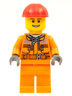 Construction Worker - Male, Orange Safety Jacket, Reflective Stripe, Sand Blue Hoodie, Orange Legs, Red Construction Helmet, Thin Grin with Teeth
Komplett i god stand.