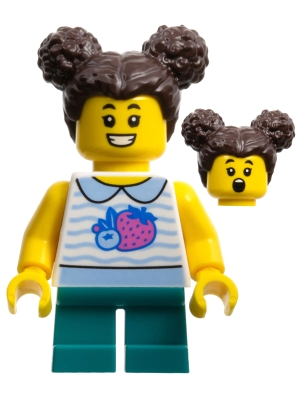 Child - Girl, White Collared Shirt with Fruit, Dark Turquoise Short Legs, Dark Brown Hair with Buns
Komplett i god stand.