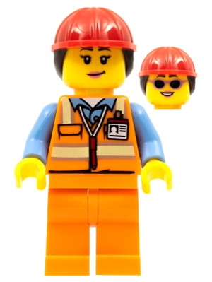 Airport Luggage Handler - Female, Orange Safety Vest with Reflective Stripes, Orange Legs, Red Construction Helmet with Dark Brown Ponytail Hair
Komplett i god stand.