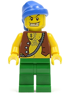 Pirate Vest and Anchor Tattoo, Green Legs, Blue Bandana, Gold Tooth
Komplett i god stand.