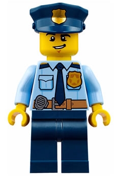 Police - City Shirt with Dark Blue Tie and Gold Badge, Dark Tan Belt with Radio, Dark Blue Legs, Police Hat with Gold Badge, Lopsided Grin
Komplett i god stand.