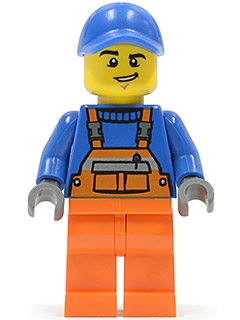 Overalls with Safety Stripe Orange, Orange Legs, Blue Cap with Hole, Lopsided Grin
Komplett i god stand.