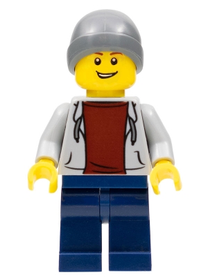 Light Bluish Gray Hoodie with Dark Red Shirt, Dark Bluish Gray Beanie, Dark Blue Legs
Komplett i god stand.