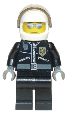 Police - City Leather Jacket with Gold Badge and 'POLICE' on Back, White Helmet, Trans-Brown Visor, Silver Sunglasses
Komplett i god stand.